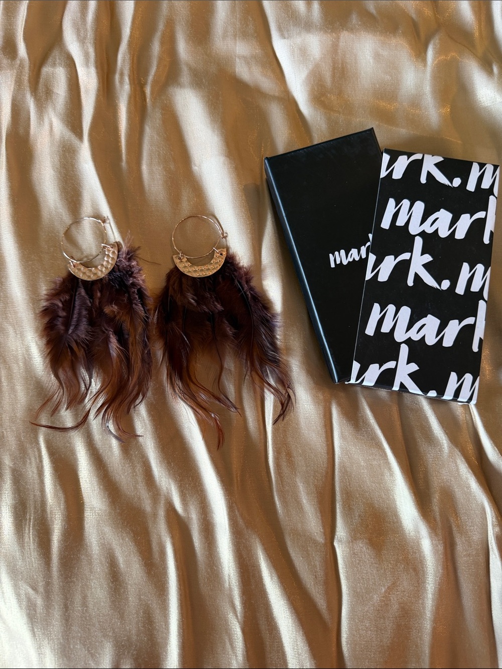 mark. Brown Feather and Gold Hoop Drop Earrings